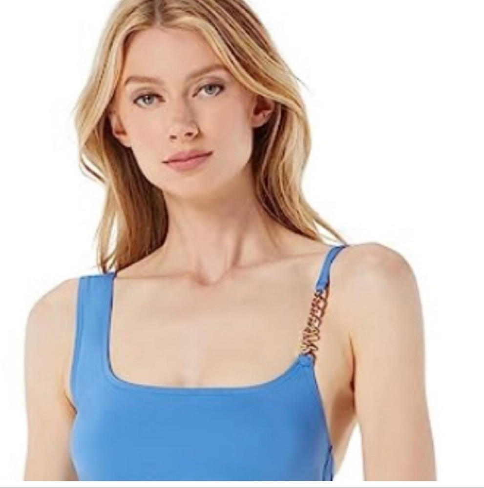 MICHAEL Michael Kors Signature Tide Blue gold chainlink strap bikini top size XS